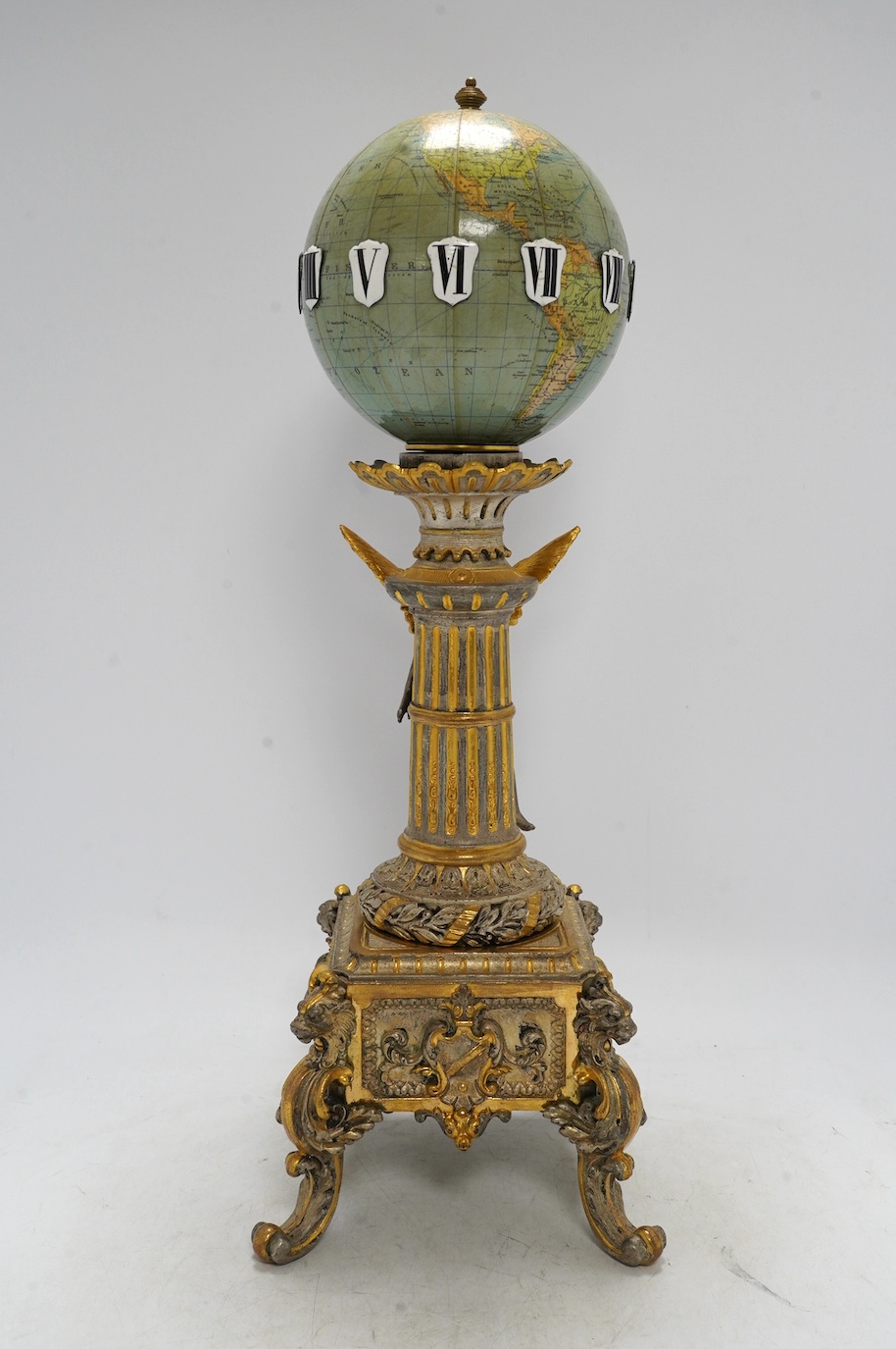 A late 19th century German Columbus Erdglobus globe timepiece, 49cm high. Condition - fair